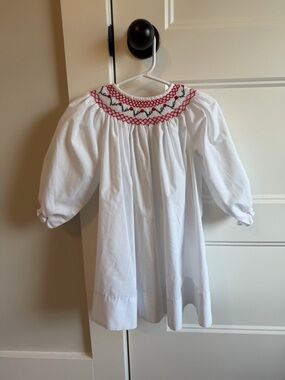White Smocked Girls' Dress with Red and Green Embroidery